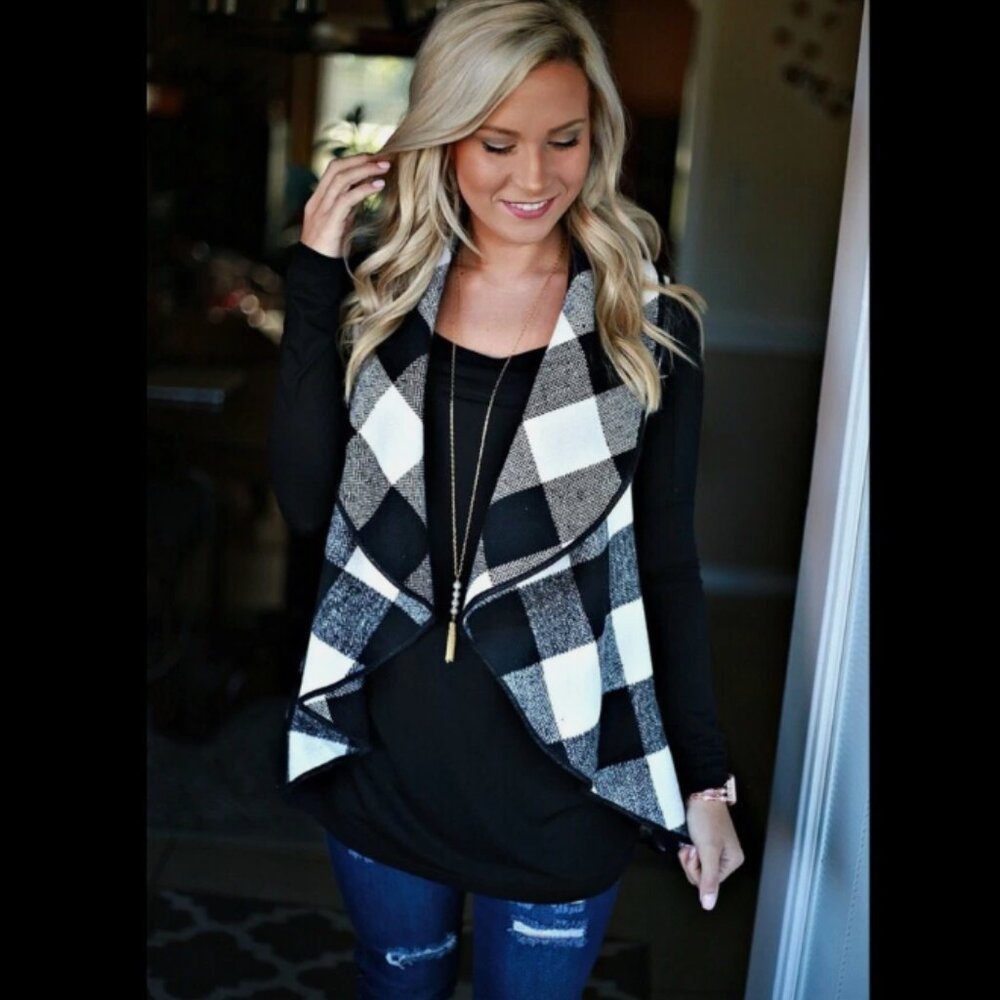 Favlux Wms L Black White Plaid Vest Lapel Open Front Sleeveless Waterfall Jacket